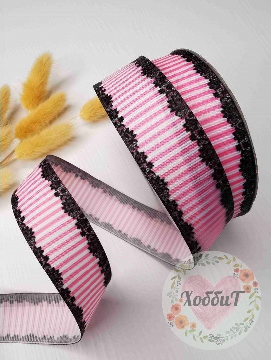 Лента репсовая с рисунком "Кружево, полоска" 2,5см. (розовый/черный)